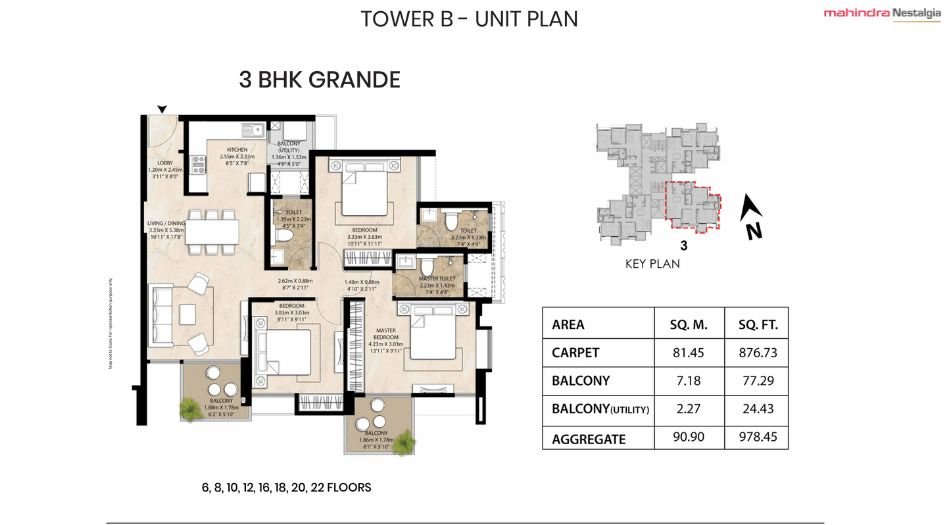 Mahindra-Nestalgia-Floor-Plan-Tower B-3 BHK-978 Sqft